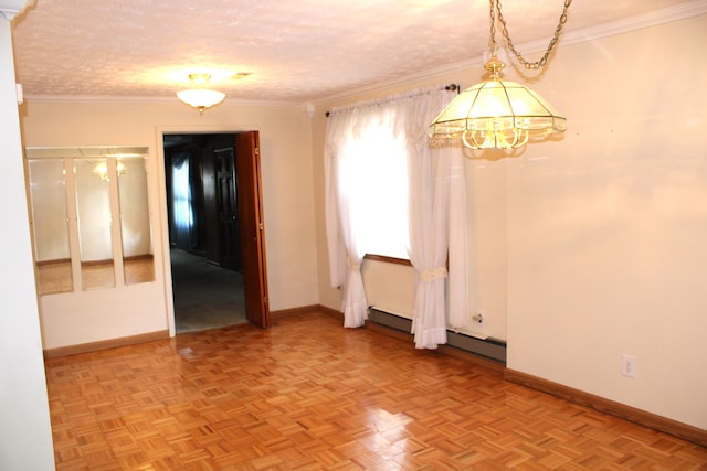 unfurnished dining area featuring a textured ceiling, light parquet flooring, a baseboard heating unit, and ornamental molding