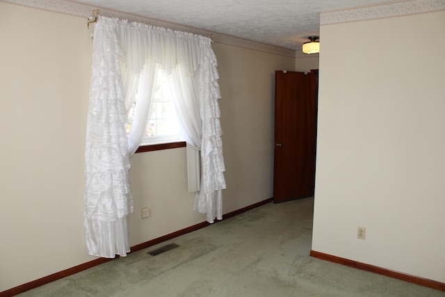 spare room featuring light colored carpet and a textured ceiling