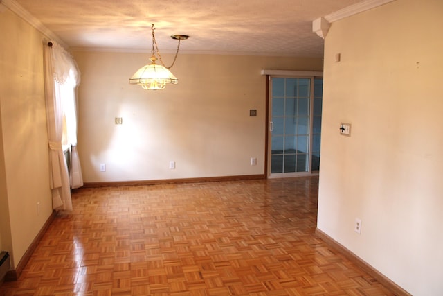 unfurnished room featuring a textured ceiling, crown molding, a baseboard radiator, and light parquet floors