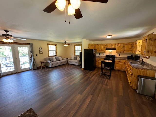 kitchen with black appliances, ceiling fan, dark hardwood / wood-style floors, and sink