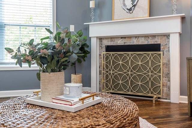 room details featuring a tile fireplace and hardwood / wood-style floors