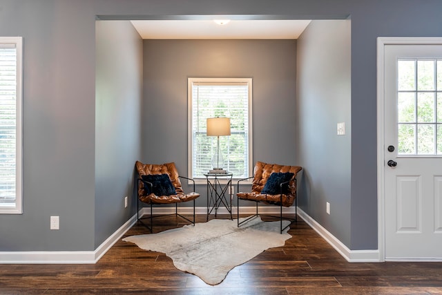 sitting room with dark wood-type flooring