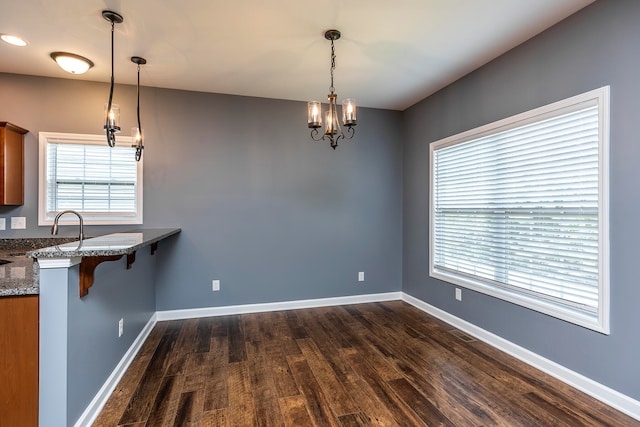 unfurnished dining area with sink and dark wood-type flooring