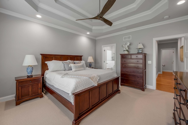 bedroom with visible vents, ornamental molding, recessed lighting, baseboards, and a raised ceiling