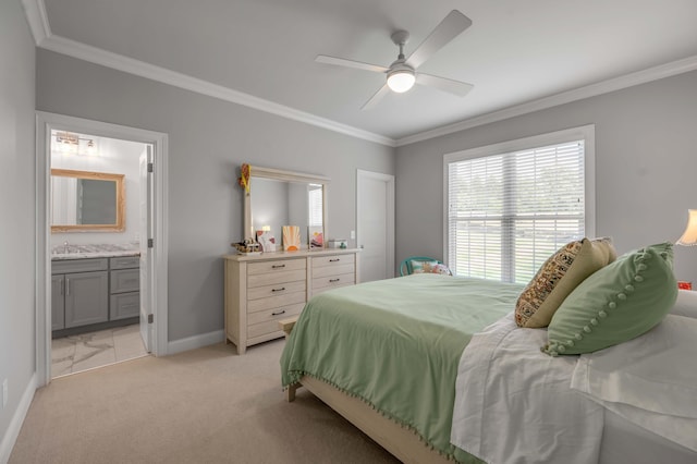 bedroom featuring light colored carpet, baseboards, and ornamental molding