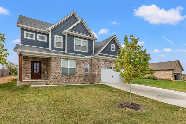 craftsman-style house with a garage and a front lawn