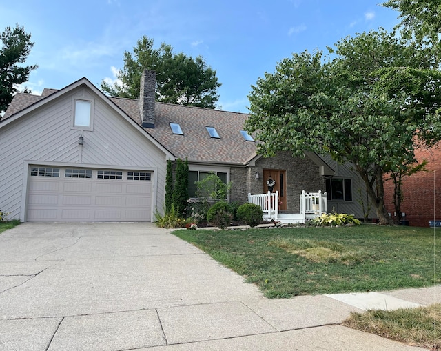 view of front of house featuring a front yard, driveway, a porch, a chimney, and a garage