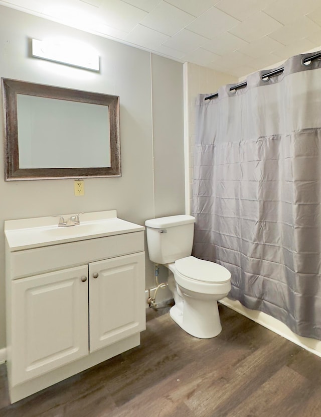 bathroom featuring vanity, toilet, a shower with curtain, and wood-type flooring