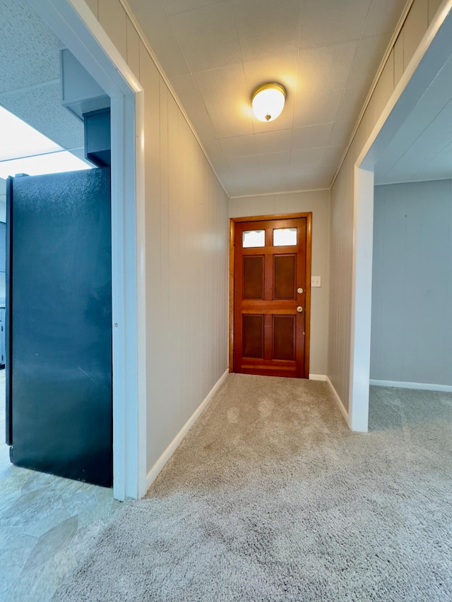 carpeted foyer entrance with wooden walls