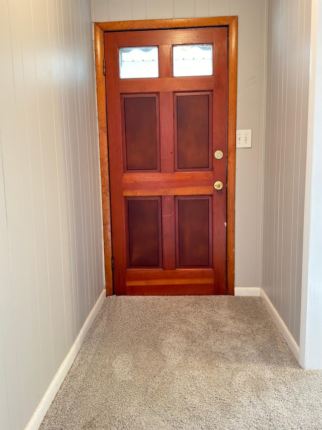 interior space featuring wood walls and carpet floors