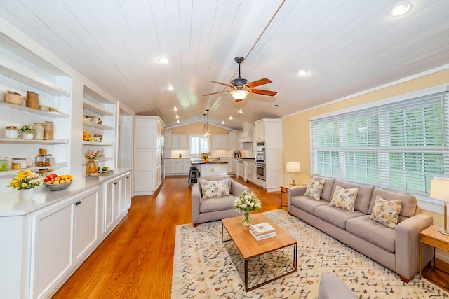 living room with a healthy amount of sunlight, light wood-type flooring, built in features, and wooden ceiling