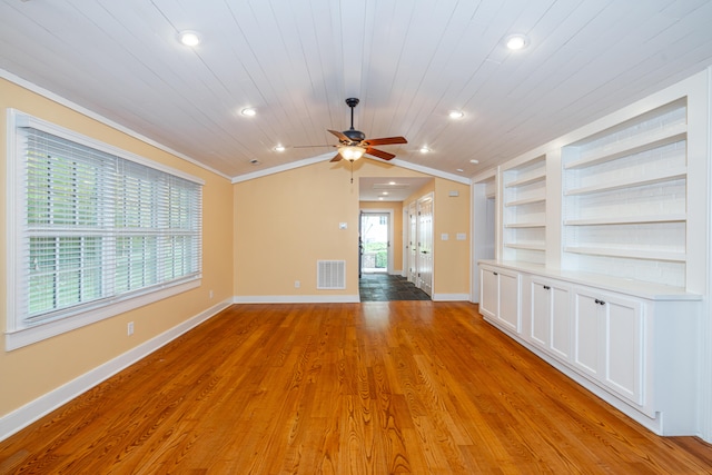 unfurnished living room with ceiling fan, light hardwood / wood-style floors, wood ceiling, ornamental molding, and built in shelves