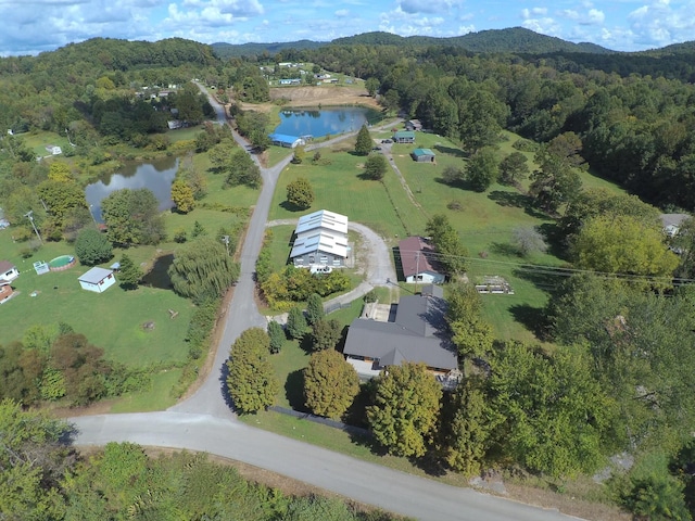 bird's eye view featuring a water view and a wooded view