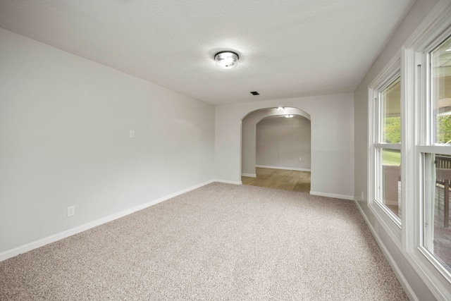 unfurnished room featuring light carpet and a textured ceiling