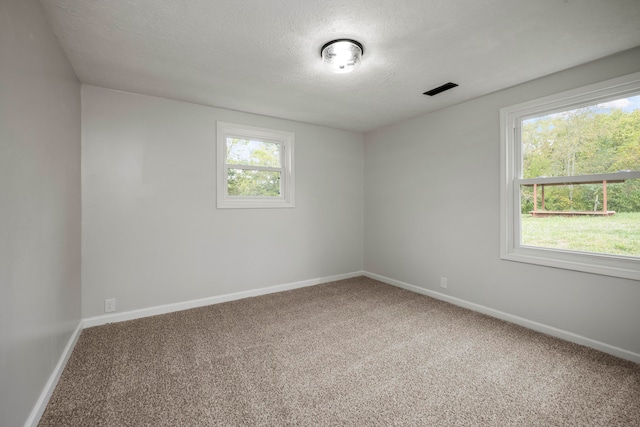 carpeted empty room with a textured ceiling