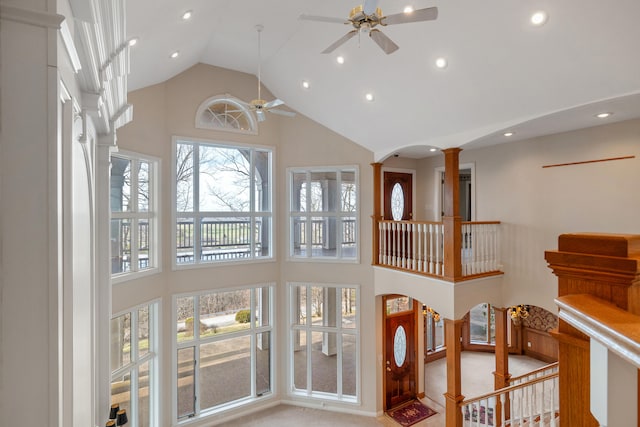 details featuring ceiling fan and ornate columns