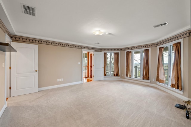 empty room with light colored carpet and crown molding