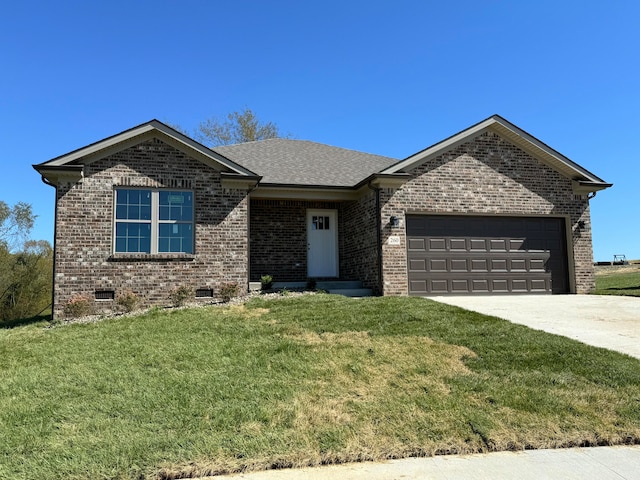 single story home featuring a front lawn and a garage