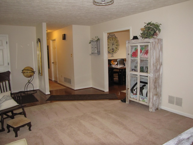 living area with a textured ceiling and carpet flooring