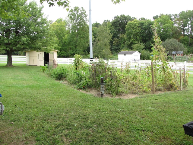 view of yard featuring a storage shed