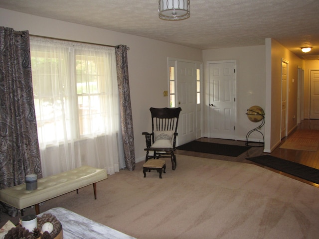 foyer entrance featuring a textured ceiling and carpet floors