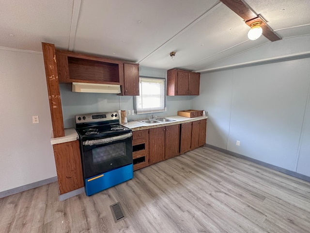 kitchen with light hardwood / wood-style floors, lofted ceiling, sink, and stainless steel range with electric cooktop