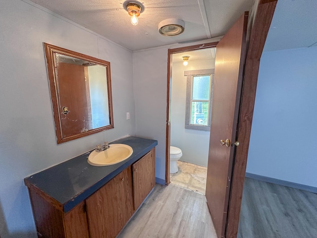 bathroom featuring vanity, hardwood / wood-style flooring, toilet, and a textured ceiling