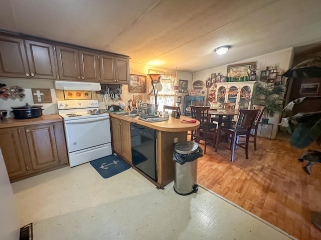 kitchen featuring light hardwood / wood-style floors, black dishwasher, a textured ceiling, lofted ceiling, and white range with electric cooktop