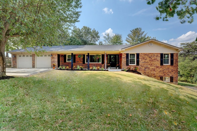 ranch-style home with a front yard and a garage