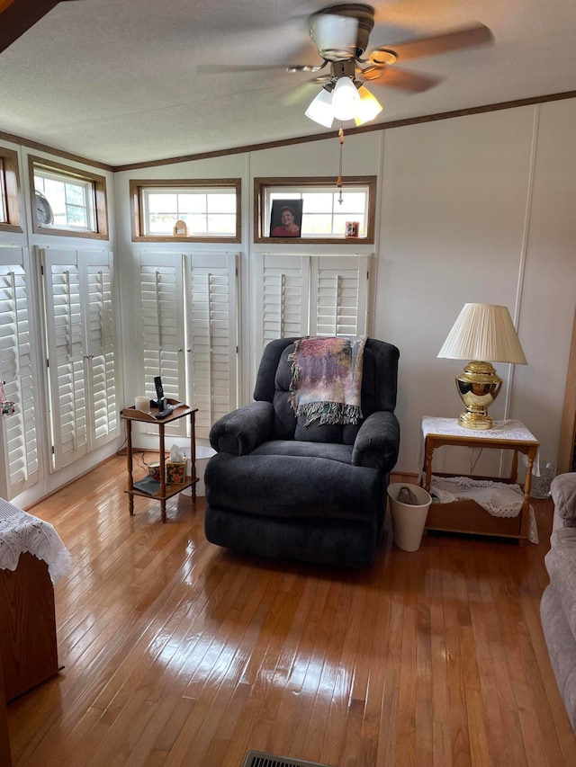 living room with ceiling fan, light hardwood / wood-style flooring, a healthy amount of sunlight, and lofted ceiling