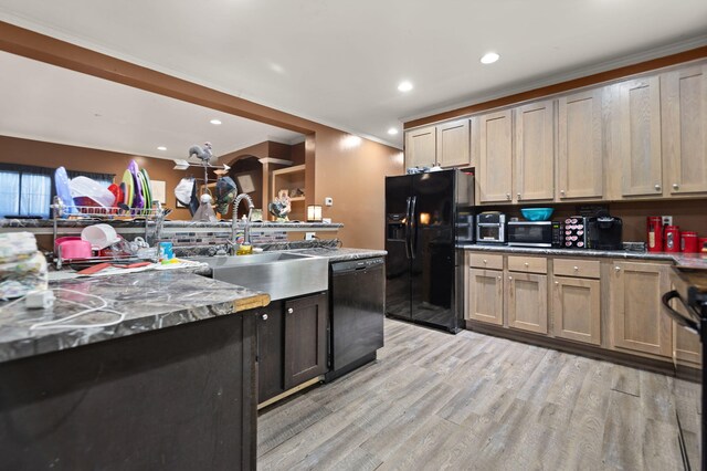 90 Damy Ln, Campton, KY 41301 - kitchen with black appliances, light wood-type flooring, recessed lighting, ornamental molding, and a sink