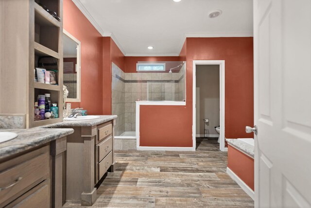 90 Damy Ln, Campton, KY 41301 - bathroom featuring two vanities, a walk in shower, crown molding, toilet, and wood finished floors