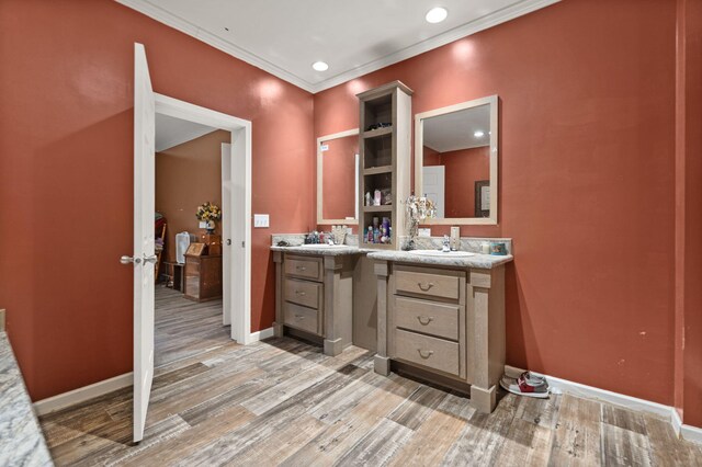 90 Damy Ln, Campton, KY 41301 - bathroom with wood finished floors, vanity, baseboards, ornamental molding, and recessed lighting