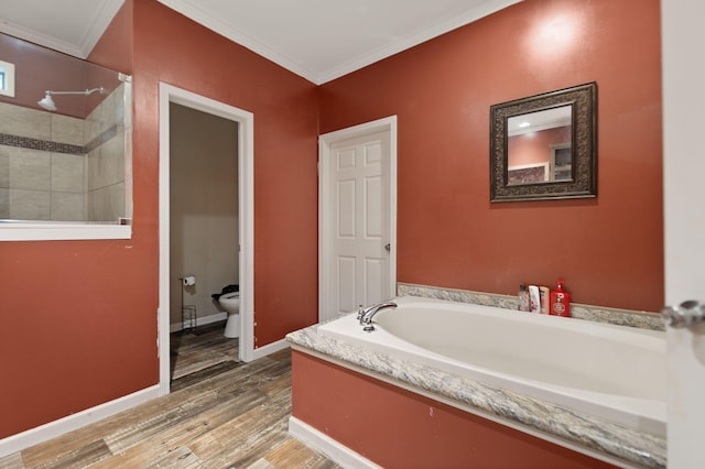 90 Damy Ln, Campton, KY 41301 - bathroom with a bath, toilet, crown molding, a tile shower, and wood finished floors