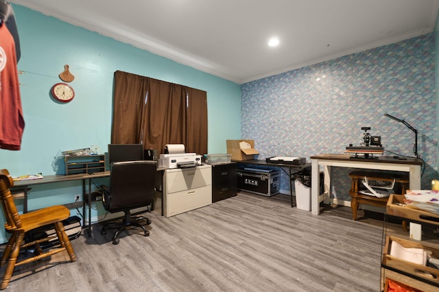 90 Damy Ln, Campton, KY 41301 - home office with crown molding, wallpapered walls, and light wood finished floors