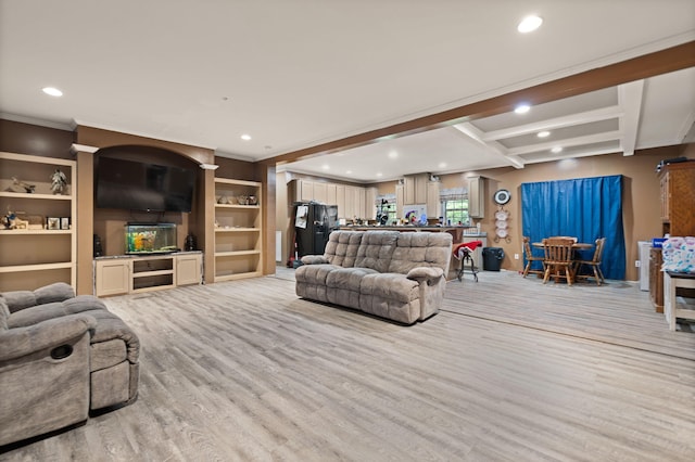 living room with crown molding, beamed ceiling, coffered ceiling, and light hardwood / wood-style flooring