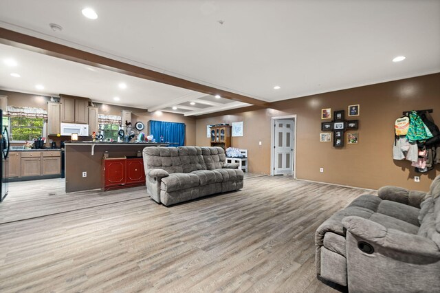 90 Damy Ln, Campton, KY 41301 - living room with light wood-type flooring, recessed lighting, ornamental molding, beamed ceiling, and baseboards