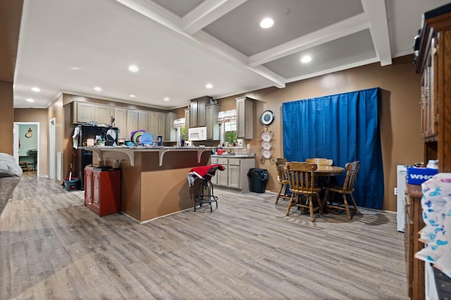 90 Damy Ln, Campton, KY 41301 - kitchen with a kitchen breakfast bar, white microwave, beamed ceiling, light wood-style flooring, and recessed lighting