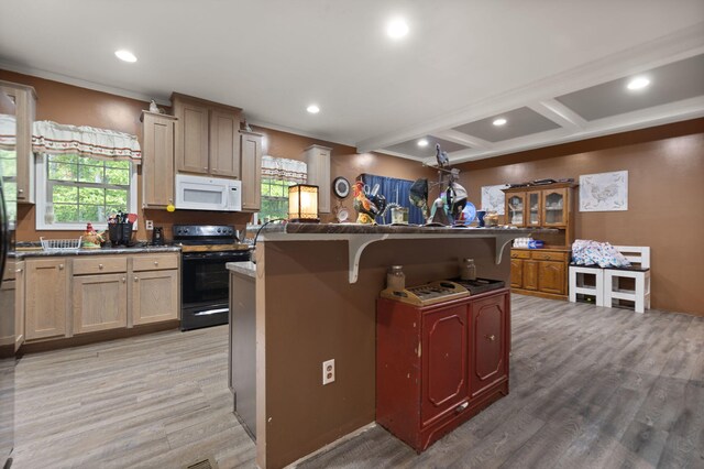 90 Damy Ln, Campton, KY 41301 - kitchen with black range with electric cooktop, white microwave, light wood finished floors, recessed lighting, and a center island