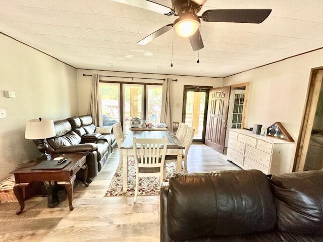 living room featuring ceiling fan and light wood-type flooring