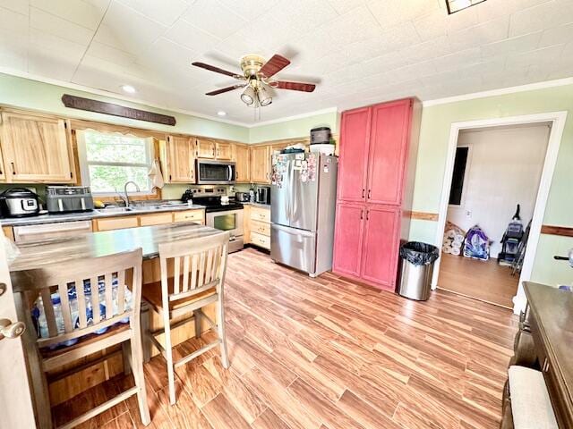 kitchen with ceiling fan, sink, appliances with stainless steel finishes, light brown cabinetry, and light wood-type flooring