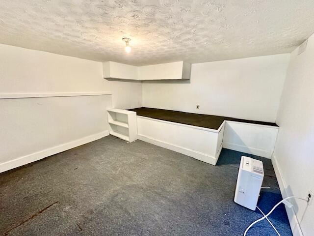 interior space featuring a textured ceiling and dark carpet