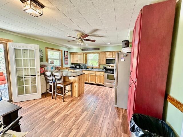 kitchen with appliances with stainless steel finishes, a kitchen breakfast bar, light wood-type flooring, crown molding, and ceiling fan