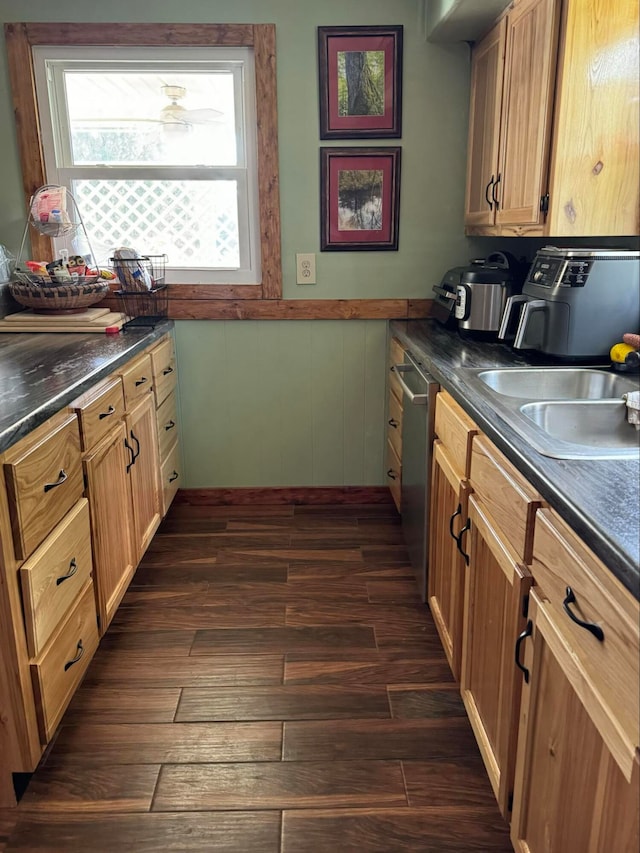 kitchen with dark hardwood / wood-style flooring, sink, and stainless steel dishwasher