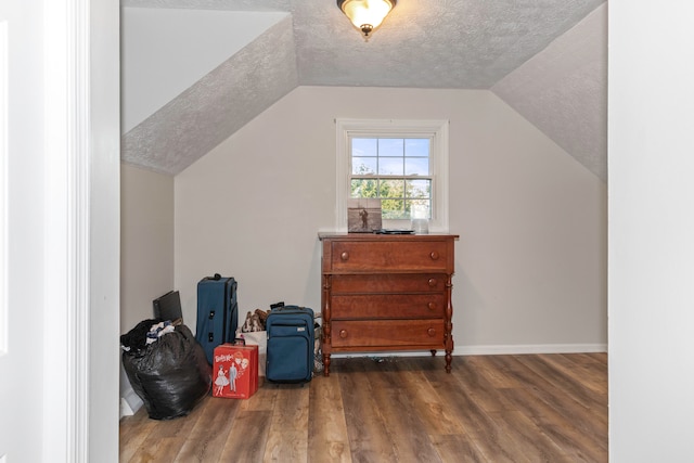 additional living space with a textured ceiling, vaulted ceiling, and dark hardwood / wood-style flooring