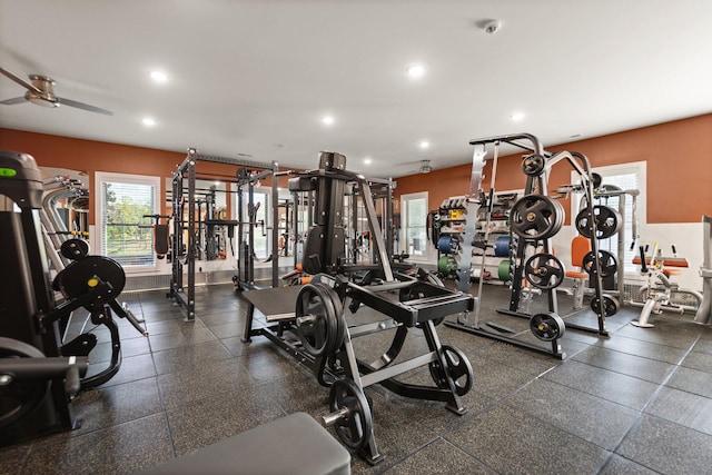 workout area featuring ceiling fan