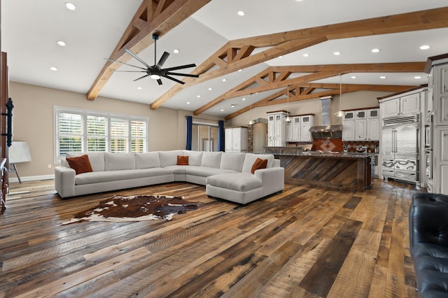 living room featuring vaulted ceiling with beams, dark hardwood / wood-style flooring, and ceiling fan