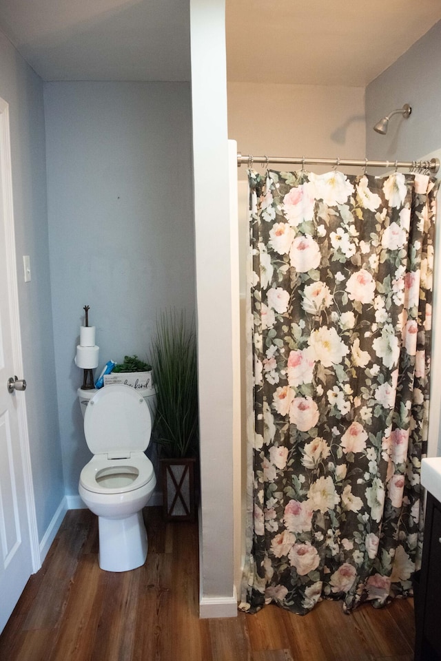 bathroom with walk in shower, wood-type flooring, vanity, and toilet