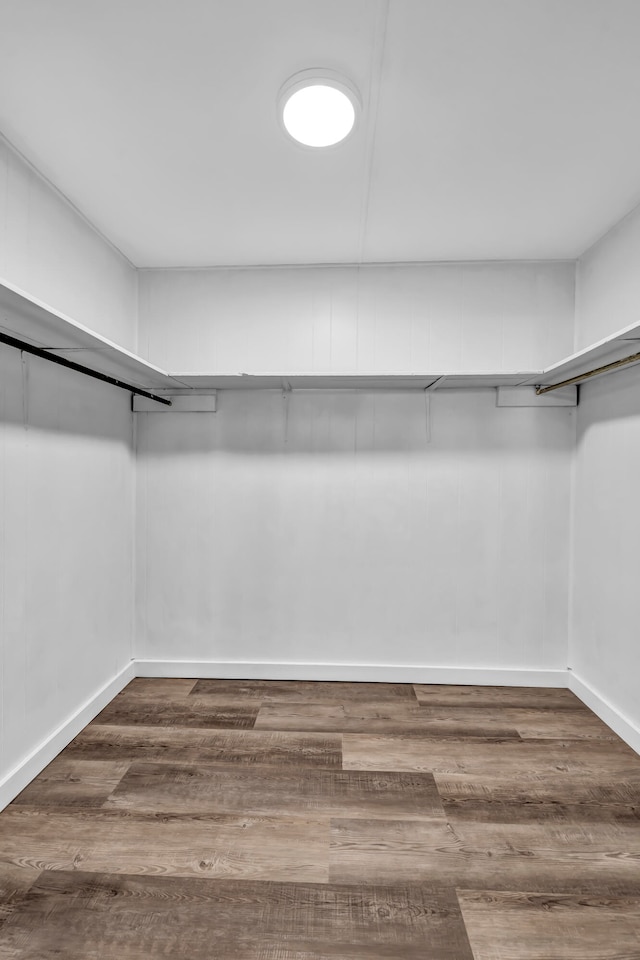 walk in closet with dark hardwood / wood-style flooring