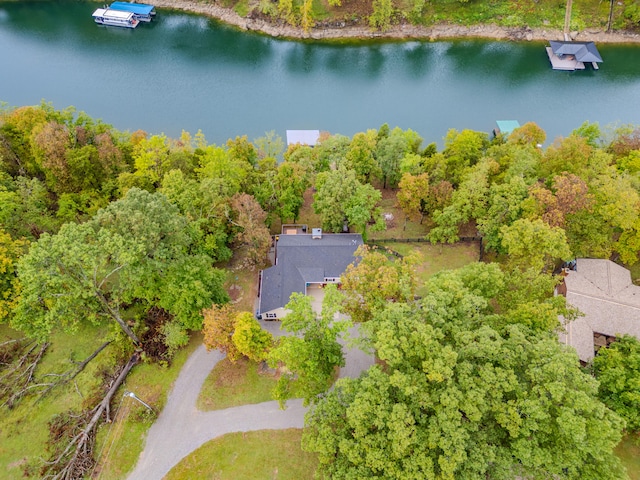 drone / aerial view featuring a water view